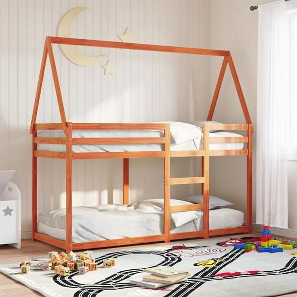 vidaXL Etagenbett mit Dach Wachsbraun 90x190 cm Massivholz Kiefer, 3282086
