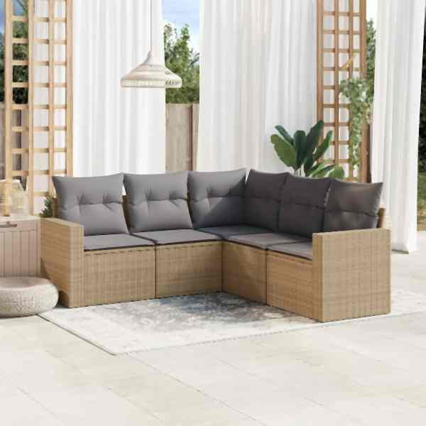 vidaXL 5-tlg. Garten-Sofagarnitur mit Kissen Beige Poly Rattan, UV-beständig, 3218939