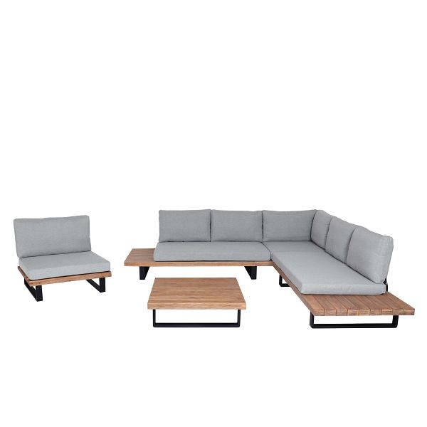 Mendler Garten-Garnitur mit Sessel HWC-H54, Lounge-Set Sofa, Spun Poly Akazie Holz FSC® Aluminium, hellbraun, Polster hellgrau, 73640+73641+98521+101469