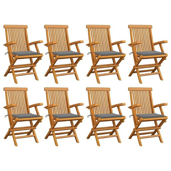 vidaXL Gartenstühle mit Grauen Kissen 8 Stück Massivholz Teak, 3072890