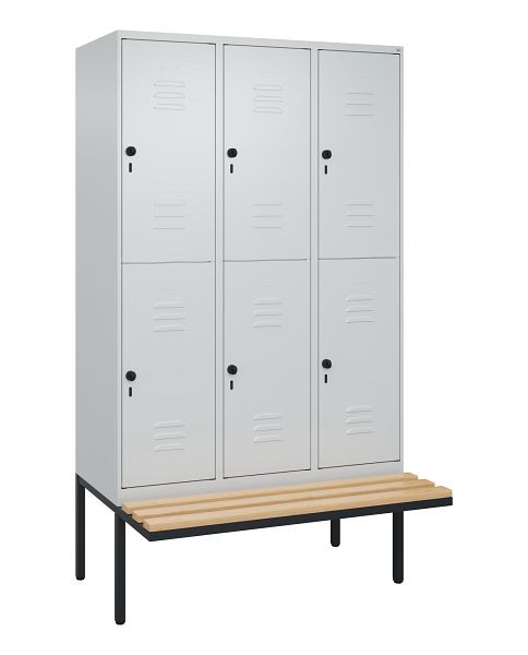 C+P Doppelstöckiger Spind Classic PLUS, 3 Abteile, 2120x1200x815mm, 7035/7035, Drehriegel, Sitzleisten aus Buche, schwebende Sitzfläche, 0803407-32 S10009