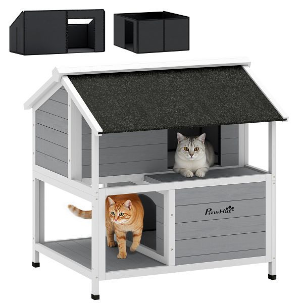 PawHut Outdoor-Katzenhaus, Katzenzuflucht für den Außenbereich, wasserfest, aufklappbares Dach, Fichtenholz, D30-964V00GY