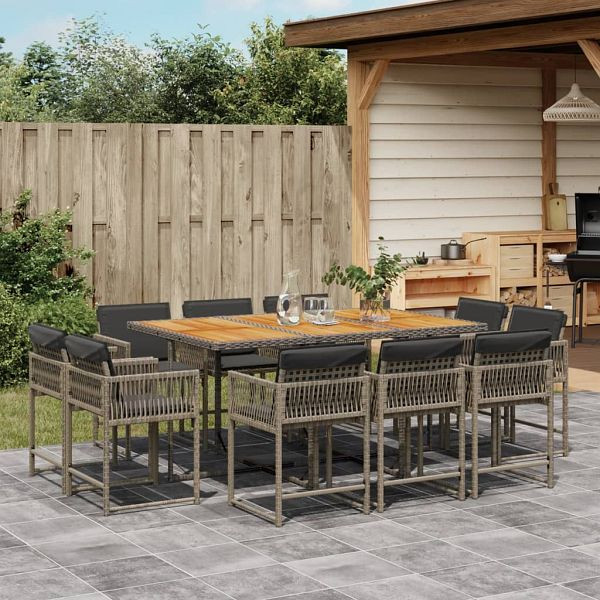 vidaXL 11-teilig Garten-Essgruppe mit Kissen Grau Poly Rattan, 3211574