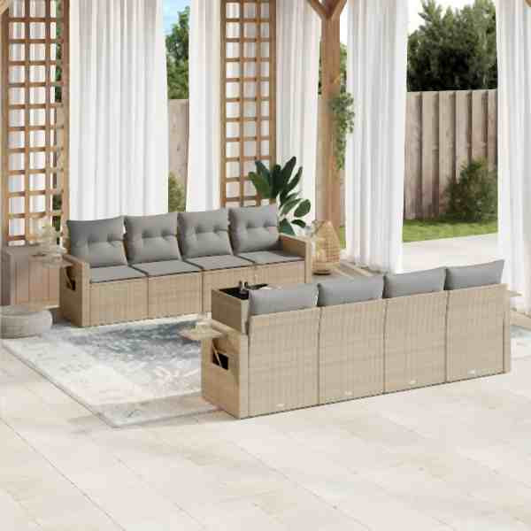 vidaXL 9-tlg. Garten-Sofagarnitur mit Kissen Beige Poly Rattan, UV-beständig, 3219948