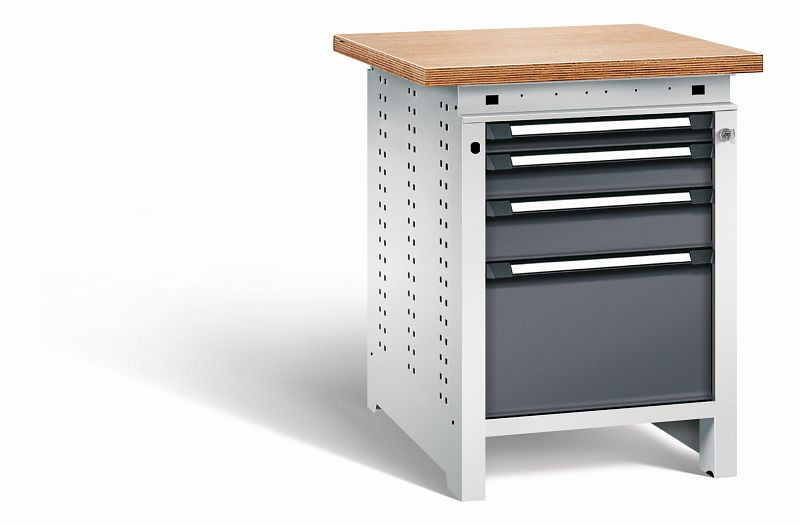Otto Kind Werkbank Serie function Typ 108, Multiplexplatte, überstehend, 4 Schubladen, mit Zentralverschluss, Gehäuse RAL 7035, Front RAL 7016, 072325249