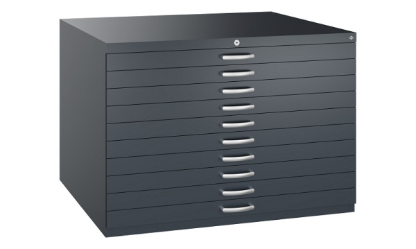 C+P Flachablageschrank Serie 7100_7200, H760xB1100xT765mm, 7016/7016, 10 Schubladenblenden doppelwandig, 7101-000 S10486