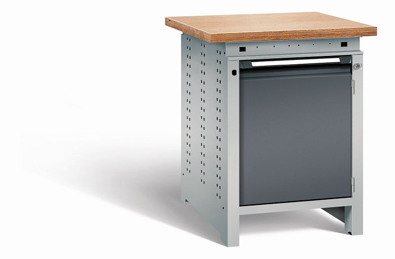 Otto Kind Werkbank Serie function Typ 104, Multiplexplatte 40 mm, überstehend, 1Tür 570 mm, 1 Ablageboden, Gehäuse RAL 9006, Front RAL 7016, 07232124S