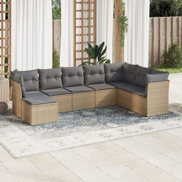 vidaXL 8-teilig Garten-Sofagarnitur mit Kissen Beige Poly Rattan, 3249888