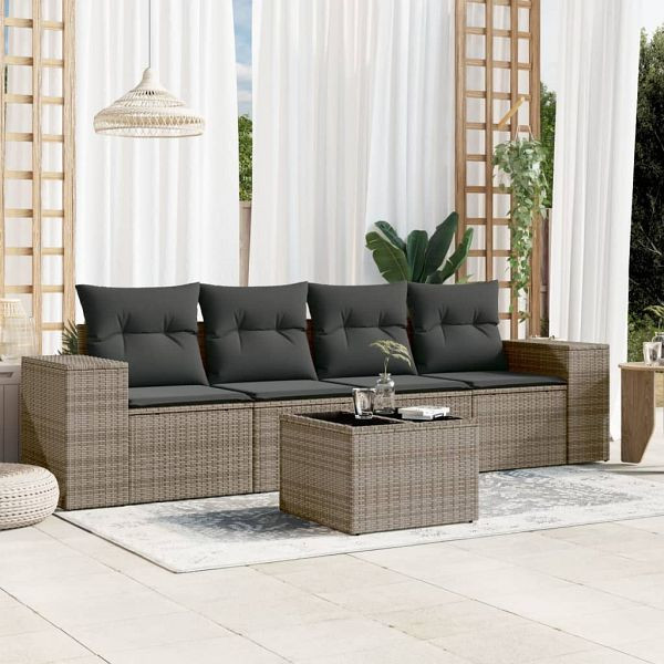 vidaXL 5-teilig Garten-Sofagarnitur mit Kissen Grau Poly Rattan, 3222289