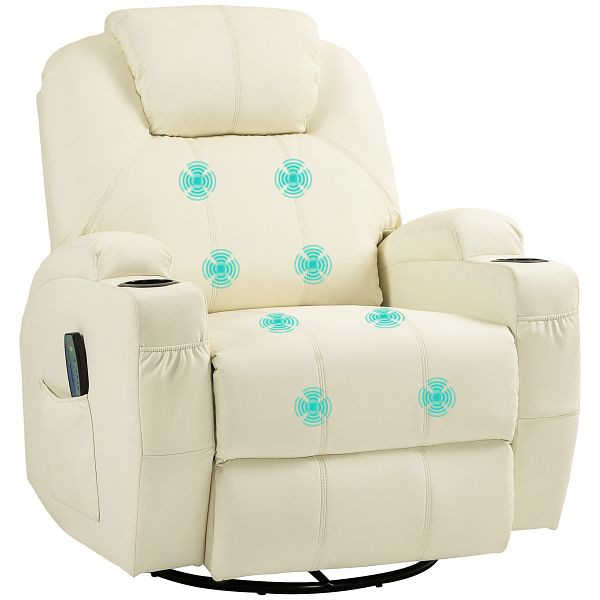 HOMCOM Relaxsessel mit Massagefunktion, neigbare Lehne, drehbar, bis 150 kg, Kunstleder, Cremeweiß, 700-166V90CW