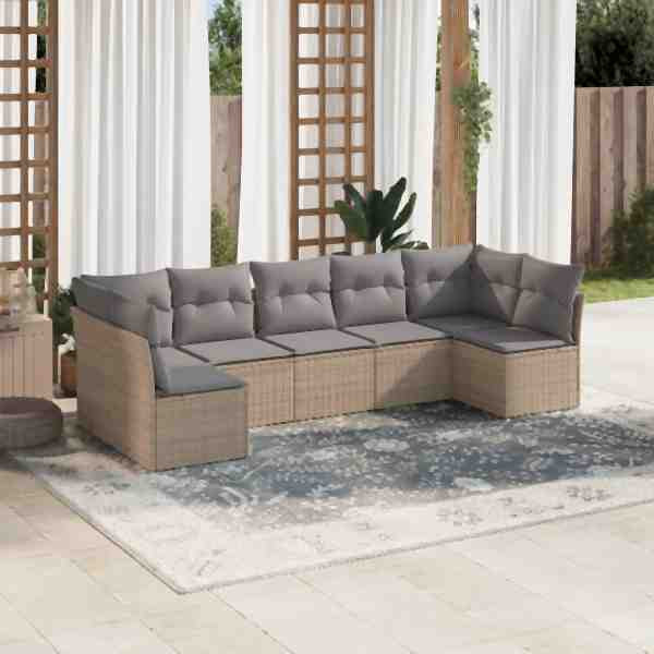 vidaXL 7-tlg. Garten-Sofagarnitur mit Kissen Beige Poly Rattan, UV-beständig, 3217429