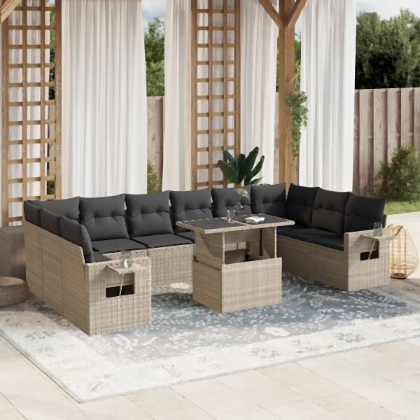 vidaXL 11-tlg. Garten-Sofagarnitur mit Kissen Hellgrau Poly Rattan, 3268152