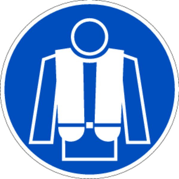 Schilder Klar Gebotszeichen Rettungsweste benutzen D-M015 nach DIN 4844, 200 mm Folie selbstklebend, 3098/62