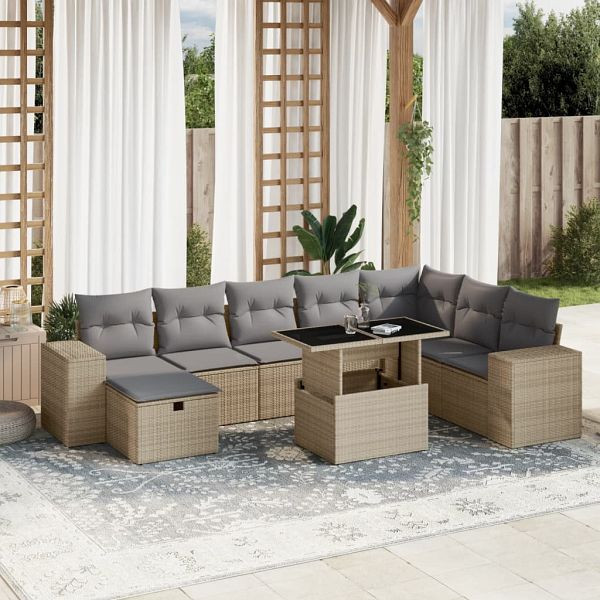 vidaXL 9-teilig Garten-Sofagarnitur mit Kissen Beige Poly Rattan, 3275349