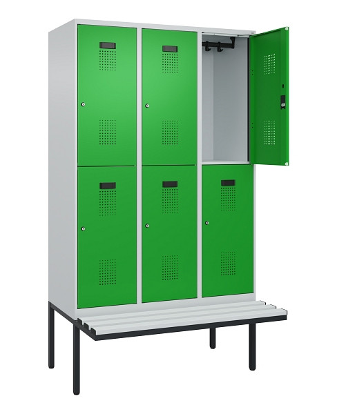 C+P Doppelstock-Spind Evolo PLUS, Bank, 6 Fächer, 2120x1200x815mm, 7035/6037, Zylinderschloss, Sitzfläche Kunststoff, 0493407-32 S10119