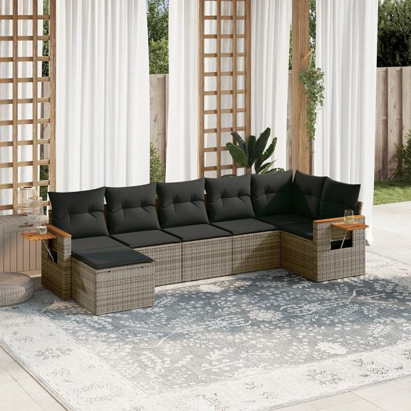 vidaXL 7-teilig Garten-Sofagarnitur mit Kissen Grau Poly Rattan, 3227033