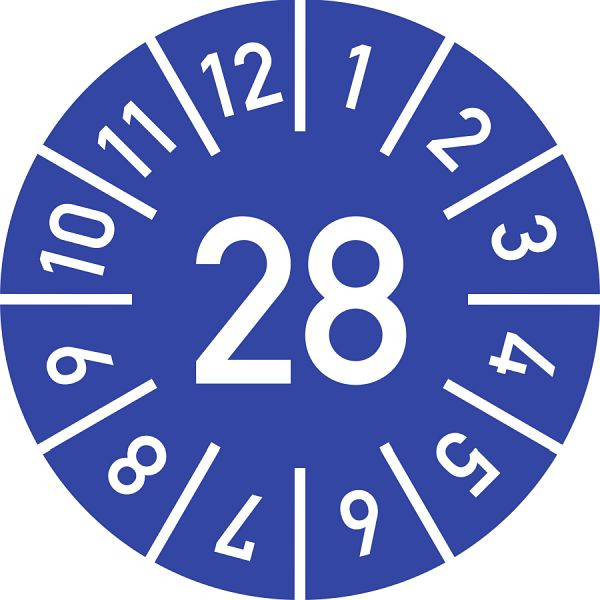Moedel Prüfplakette Jahr 28 mit Monaten, blau, Folie, Ø 10 mm, VE: 10 Stück/Bogen, 106942