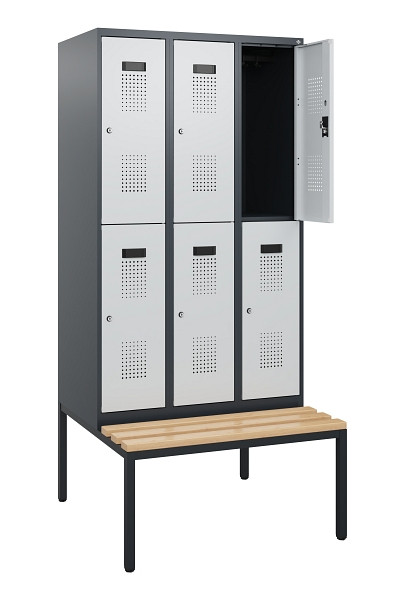 C+P Doppelstöckiger Spind Evolo PLUS, Bank, 6 Fächer, 1950x900x815mm, 7016/7035, Zylinderschloss, Sitzfläche Buche-Hartholz, Sitzbank, 0493505-30 S10044