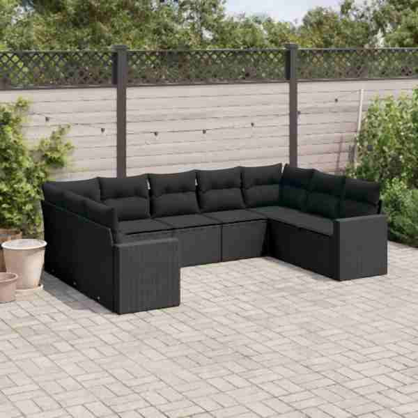 vidaXL 9-tlg. Garten-Sofagarnitur mit Kissen Schwarz Poly Rattan, UV-beständig, 3251732