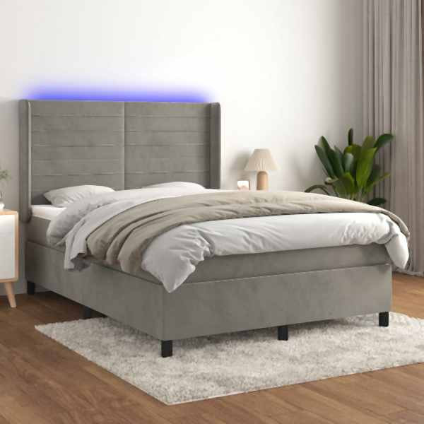 vidaXL Boxspringbett mit Matratze & LED Hellgrau 140x200 cm Samt, 3139625