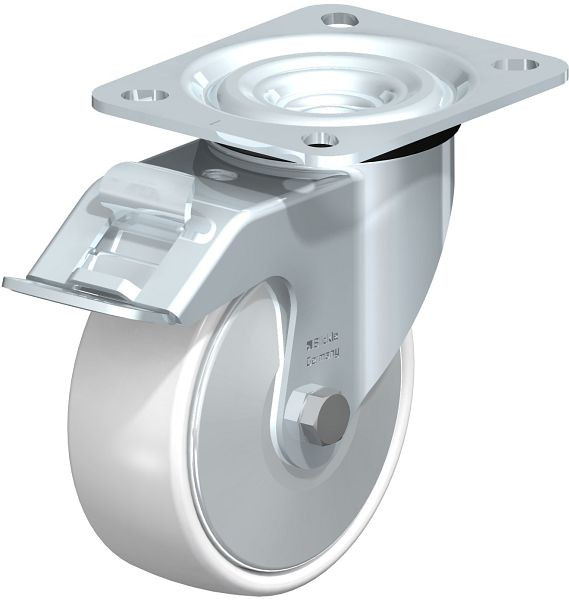 Blickle L-PO 100XR-FI-FA Stahlblech-Lenkrolle, mittelschwere Ausführung, mit Anschraubplatte & Feststeller, Polyamid, Weiß, 749267