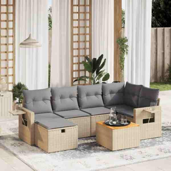 vidaXL 7-tlg. Garten-Sofagarnitur mit Kissen Beige Poly Rattan, UV-beständig, 3264951