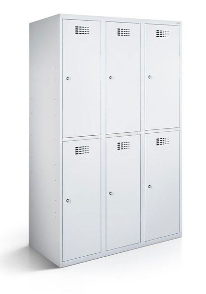 KEMMLIT Garderobenspind mit 3 Abteilen und 6 Türen 30cm mit geschlossenem Sockel, Lichtgrau 7035, Zylinderschloss, 100304