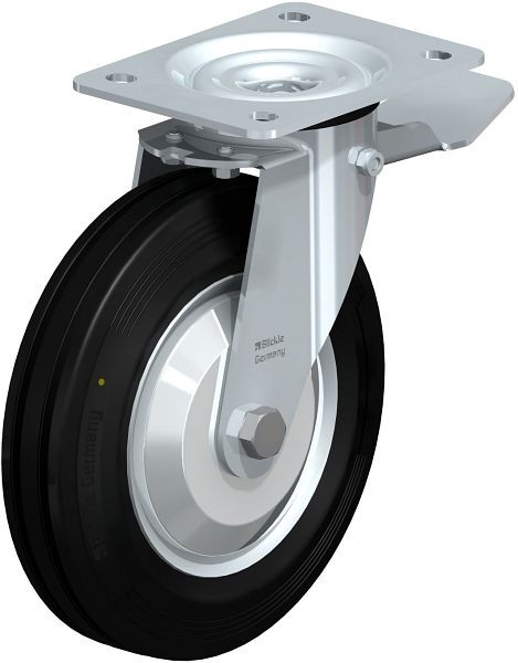 Blickle LE-VE 200R-ST-EL-FA Stahlblech-Lenkrolle mit Anschraubplatte & Feststeller, Vollgummi, Schwarz, 749718