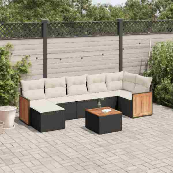 vidaXL 8-tlg. Garten-Sofagarnitur mit Kissen Schwarz Poly Rattan, UV-beständig, 3260278