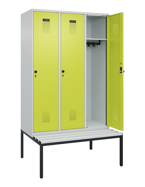 C+P Spind Evolo PLUS, 3 Abteile, 2120x1200x815mm, 7035/0024, Haken 4, Drehriegel, Sitzfläche Kunststoff, Sitzbank, 0490507-32 S10069