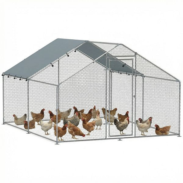 PawHut Hühnergehege, großes Hühnergehege aus Metall mit wasserdichter und UV-beständiger Abdeckung, Käfig für 10-15 Hühner, 3 x 3,4 x 1,9 m, D51-435V01SR