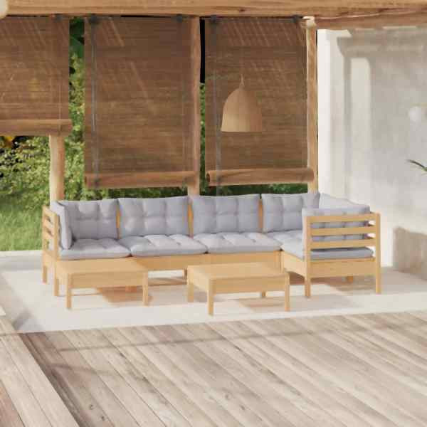vidaXL 7-tlg. Garten-Lounge-Set mit Grauen Kissen Kiefer Massivholz, 3096543