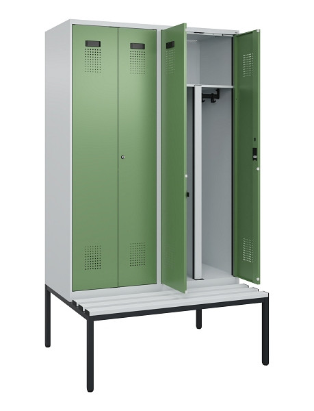C+P PSA Doppel-Spind Evolo PLUS, Bank, 4 Abteile, 2120x1200x815mm, 7035/6011, Zylinderschloss, Sitzfläche Kunststoff, Sitzbank, 0490527-40P S10091