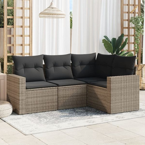 vidaXL 4-teilig Garten-Sofagarnitur mit Kissen Grau Poly Rattan, 3251247