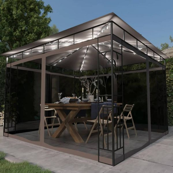 vidaXL Pavillon mit Moskitonetz & LED-Lichterkette 3x3x2,73 m Taupe, 3070318