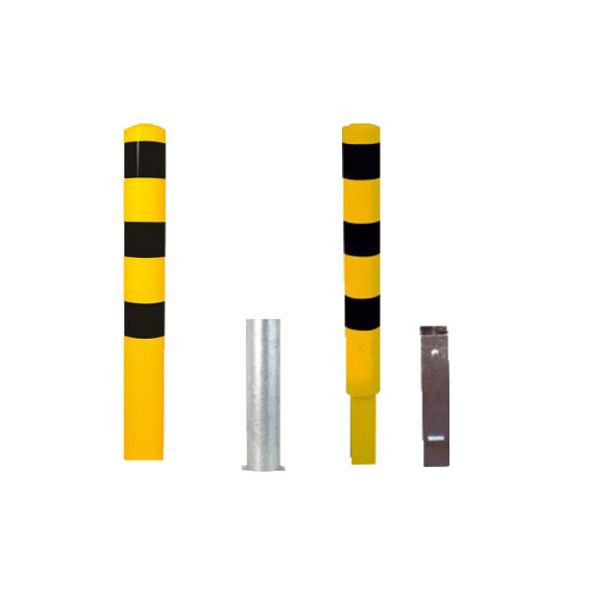 Stein HGS Stahlrohrpoller/Rammschutzpoller -Bollard-, 1500mm/ohne Verschluss, verkehrsgelb (RAL 1023) beschichtet mit 3 schwarzen Streifen, 3 Ösen (90°), 40151hb-gs-301