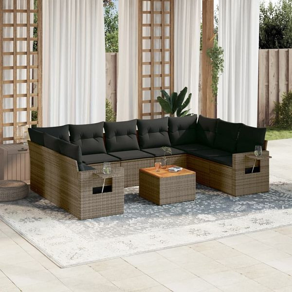 vidaXL 10-teilig Garten-Sofagarnitur mit Kissen Grau Poly Rattan, 3257040