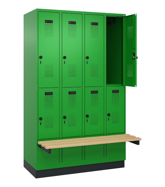 C+P Doppelstock-Spind Evolo PLUS, Bank, 8 Fächer, 1950x1200x815mm, 6037/6037, Drehriegel, Sitzfläche Buche-Hartholz, mit Sockel, 049340-40 S10026