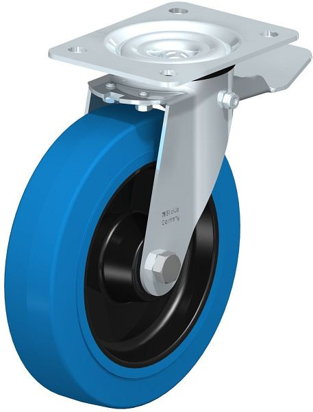 Blickle LE-POEV 200XR-ST-SB Stahlblech-Lenkrolle mit Anschraubplatte & Feststeller, Elastik-Vollgummi, Blau, 850272