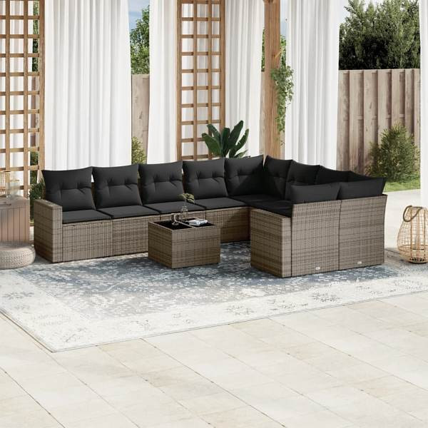 vidaXL 10-tlg. Garten-Sofagarnitur mit Kissen Grau Poly Rattan, UV-beständig, 3251787