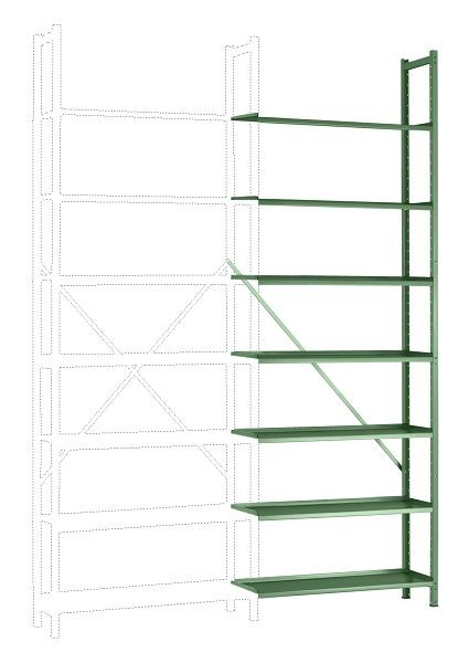 Manuflex Büro-Steck-Anbauregal mit 7 pulverbeschichteten Stahlböden, HxBxT = 2600 x 960 x 300 mm, resedagrün, RA3172.6011