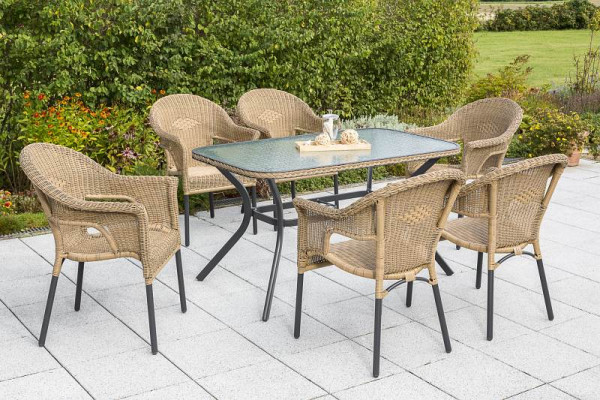 Merxx Ravenna Set 7-teilig, 6 Stapelsessel, 1 Tisch 150 x 85 cm, matte Glasplatte, graphit/natur, Aluminiumgestell mit Kunststoffgeflecht, 50398-211
