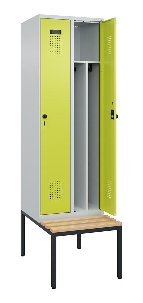 C+P Spind Evolo PLUS, 2 Abteile, 2120x600x815mm, 7035/0024, Drehriegel, Sitzfläche Buche-Hartholz, Sitzbank, 0490507-20F S10015