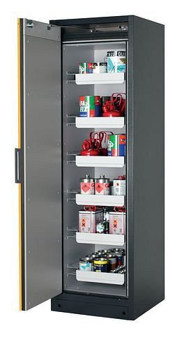 asecos Feuerbeständiger Gefahrstoffschrank Select W-66L, 6 Auszugswannen, Tür gelb (links), 201029