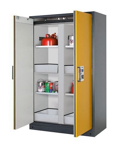 asecos Feuerbeständiger Gefahrstoffschrank Select, Mittelwand, mit Einlegeböden, Bodenwannen, gelb, 266838