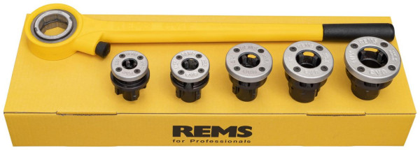 REMS Hand-Gewindeschneidkluppe mit Schnellwechsel-Schneidköpfen eva Set im Karton R 3/8+1/2+3/4+1+1 1/4, 520003