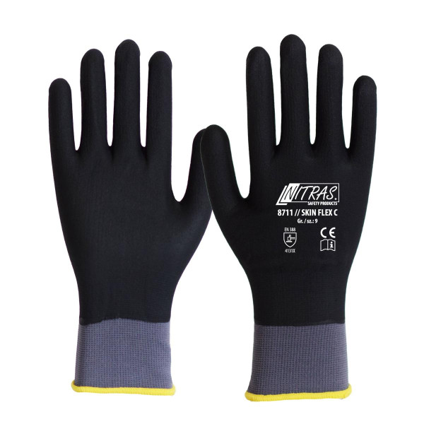 NITRAS SKIN FLEX C, Strickhandschuhe, Spezial-Stretch-Strick, grau, Spezialbeschichtung, schwarz, STANDARD 100 by OEKO-TEX®, Größe: 8, VE: 144 Paar, 8711-8
