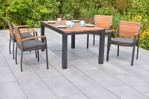 Merxx Santorin Set 9-teilig, 4 Stapelsessel, 4 Sitzkissen uni grau, 1 Ausziehtisch, 150 (200) x 90 cm, Aluminium mit FSC Akazienholz, 50661-800