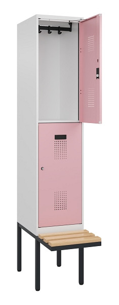 C+P Doppelstock-Spind Evolo PLUS, Bank, 2 Fächer, 2120x400x815mm, 9016/3015, Zylinderschloss, Sitzfläche Buche-Hartholz, 0493407-12 S10045