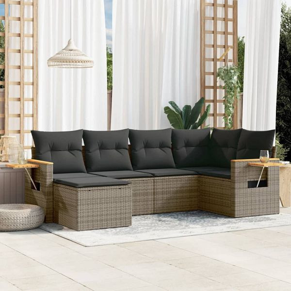 vidaXL 6-tlg. Garten-Sofagarnitur mit Kissen Grau Poly Rattan, 3259421